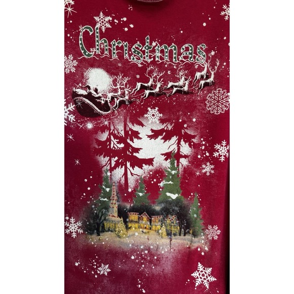 Vtg Red Christmas Pullover Shirt Santa Sleigh Reindeer Rhinestones Snowflake - Picture 16 of 16